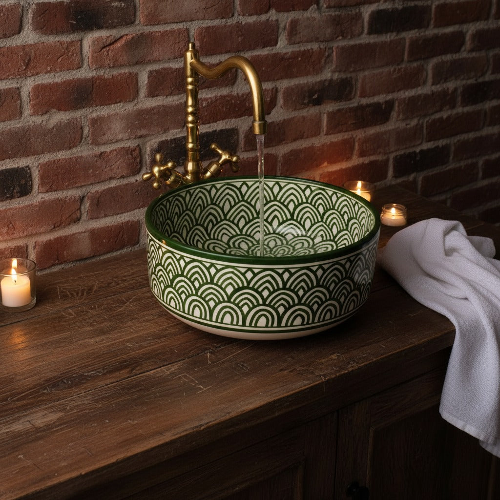 Atlas Pottery sink in a styled bathroom