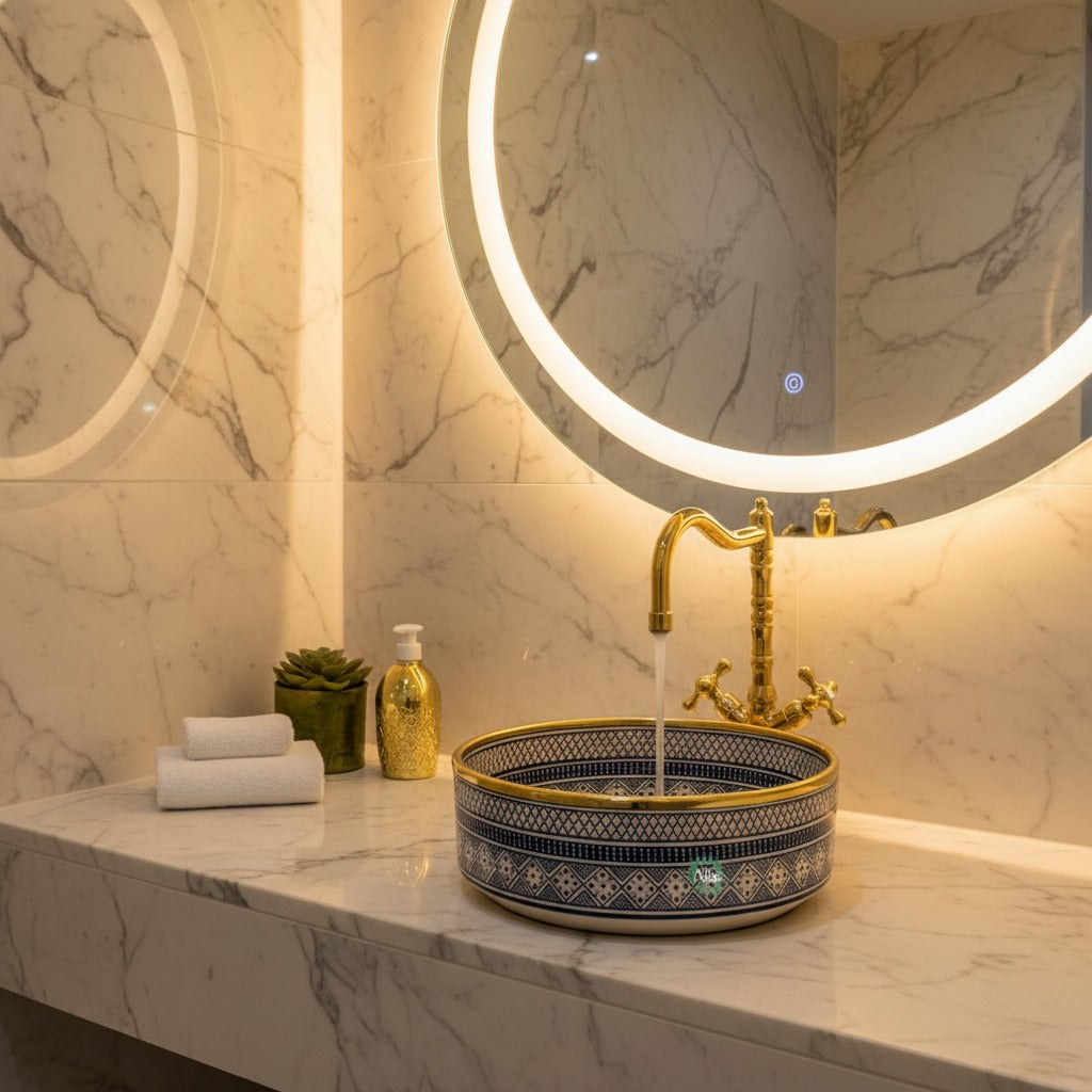 Atlas Pottery sink in a styled bathroom