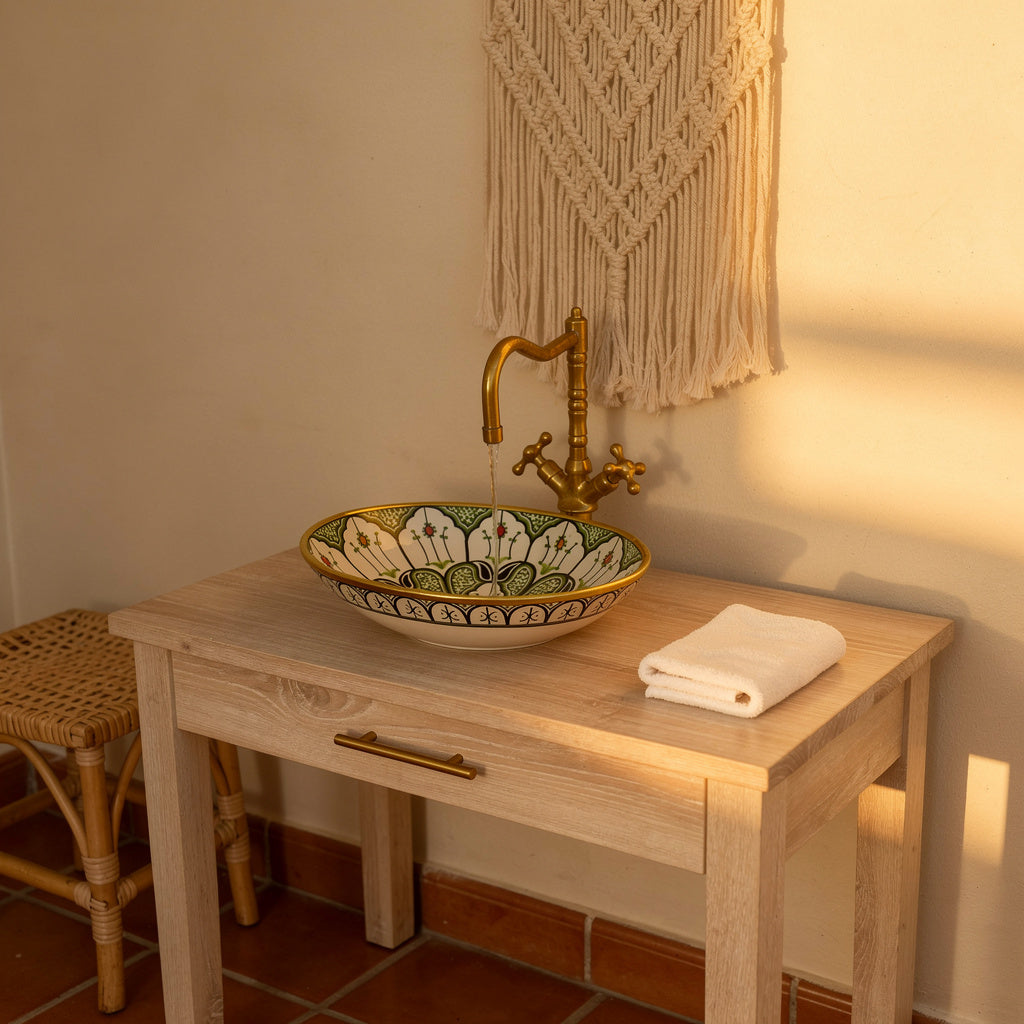 Atlas Pottery sink in a styled bathroom