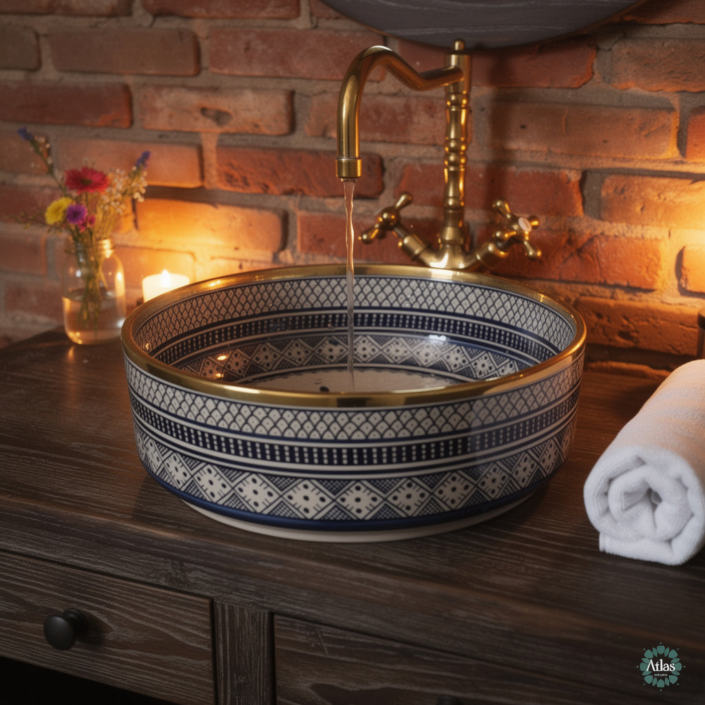 Atlas Pottery sink in a styled bathroom