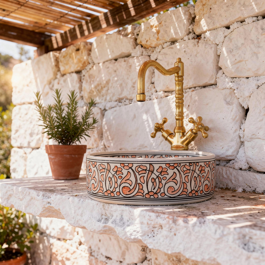 Atlas Pottery sink in a styled bathroom