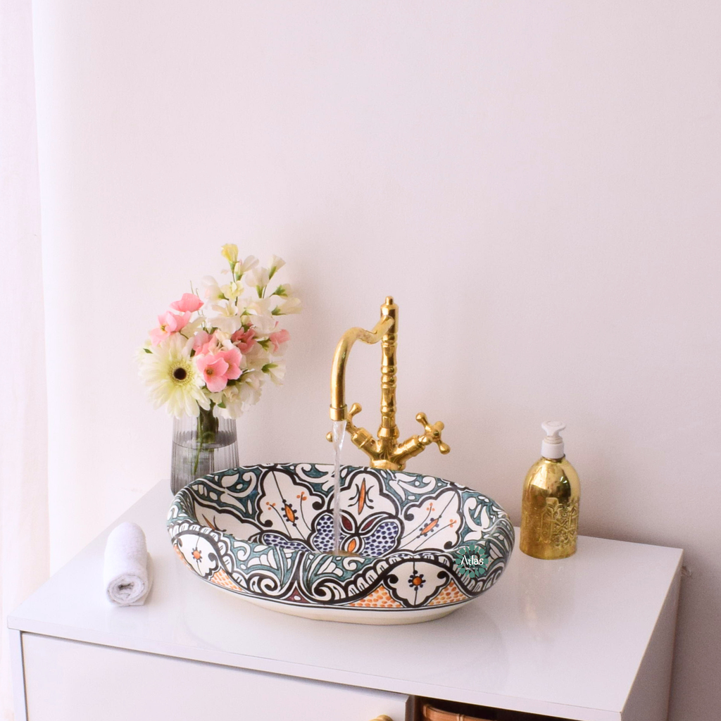 Oval & curved ceramic washbasin handmade with love in Morocco