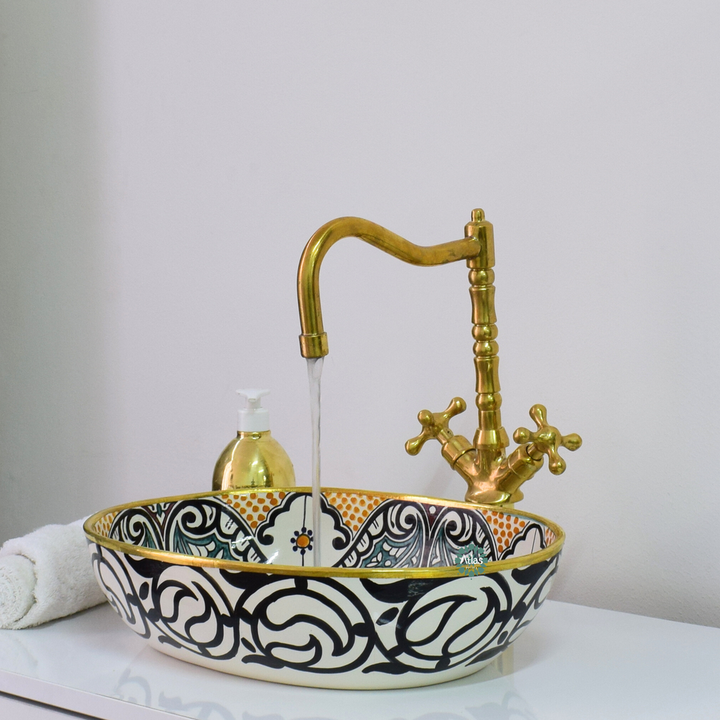 Moroccan Handmade oval Ceramic Sink with brass rim