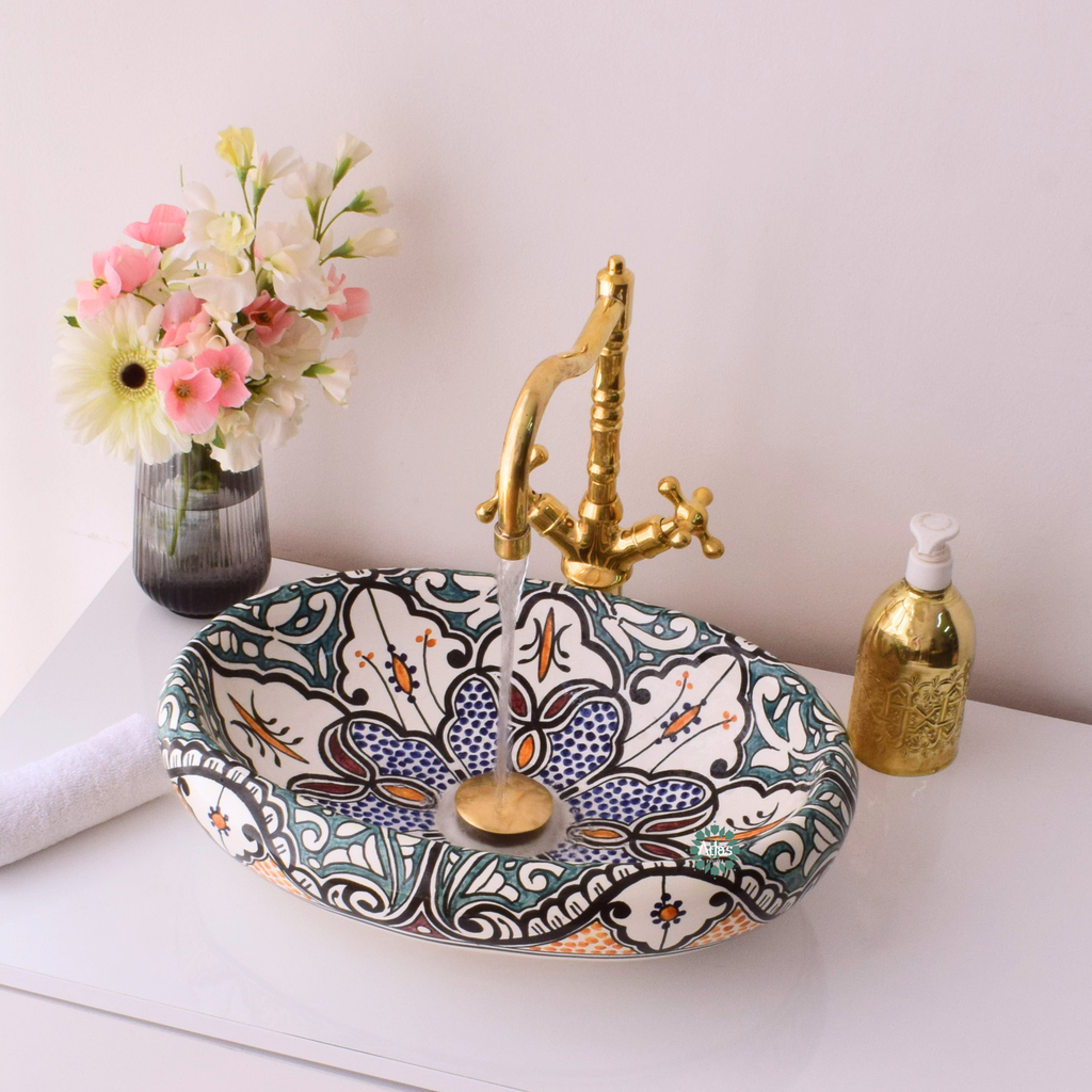 Oval & curved ceramic washbasin handmade with love in Morocco