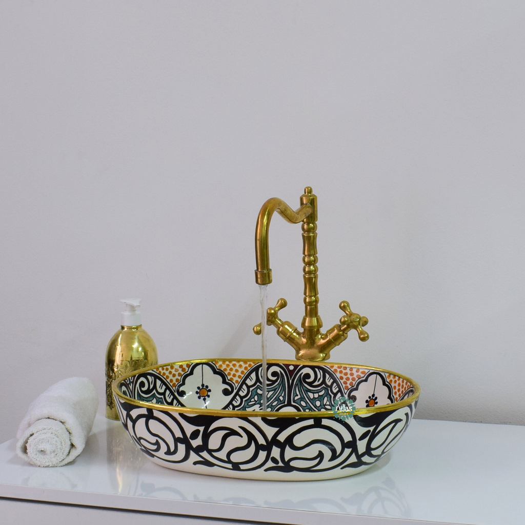 Moroccan Handmade oval Ceramic Sink with brass rim