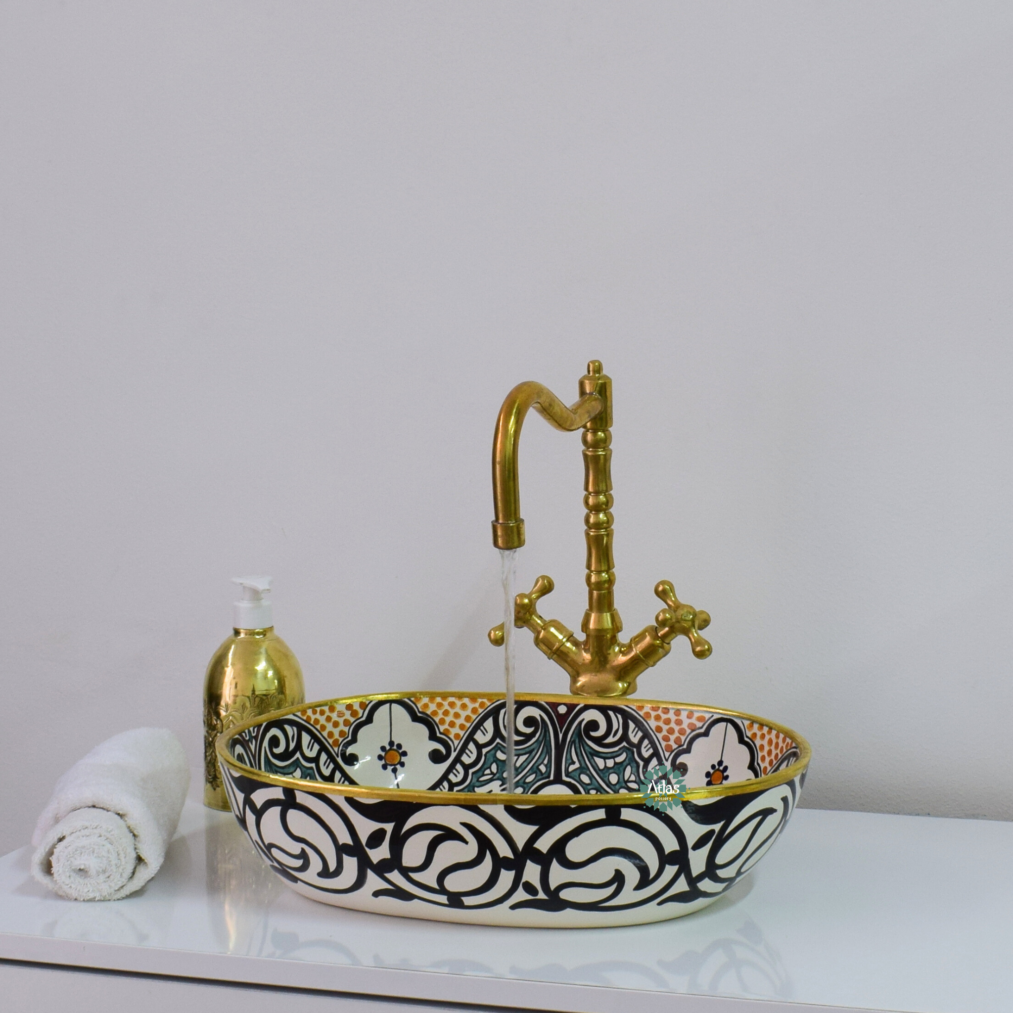 Moroccan Handmade oval Ceramic Sink with brass rim