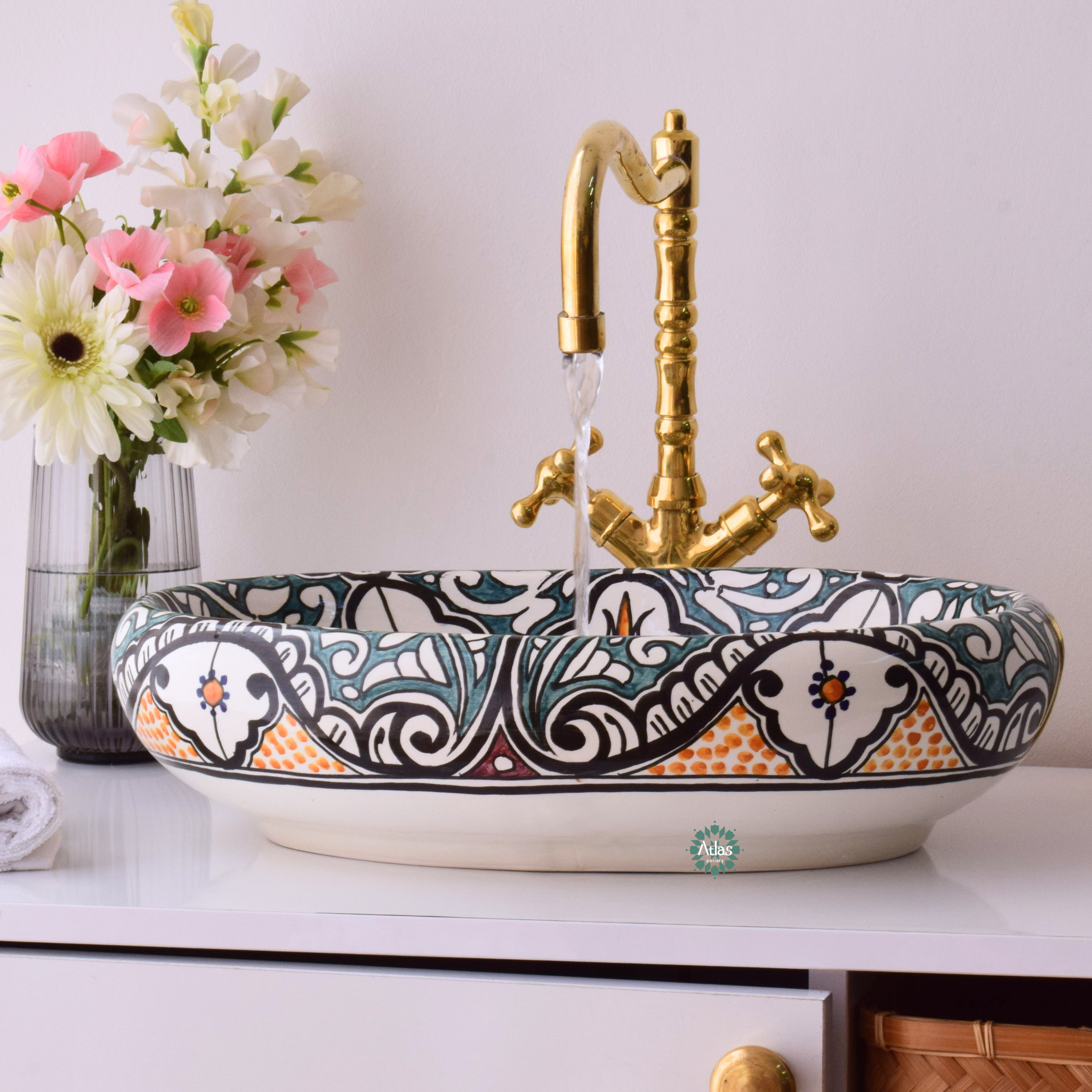 Oval & curved ceramic washbasin handmade with love in Morocco