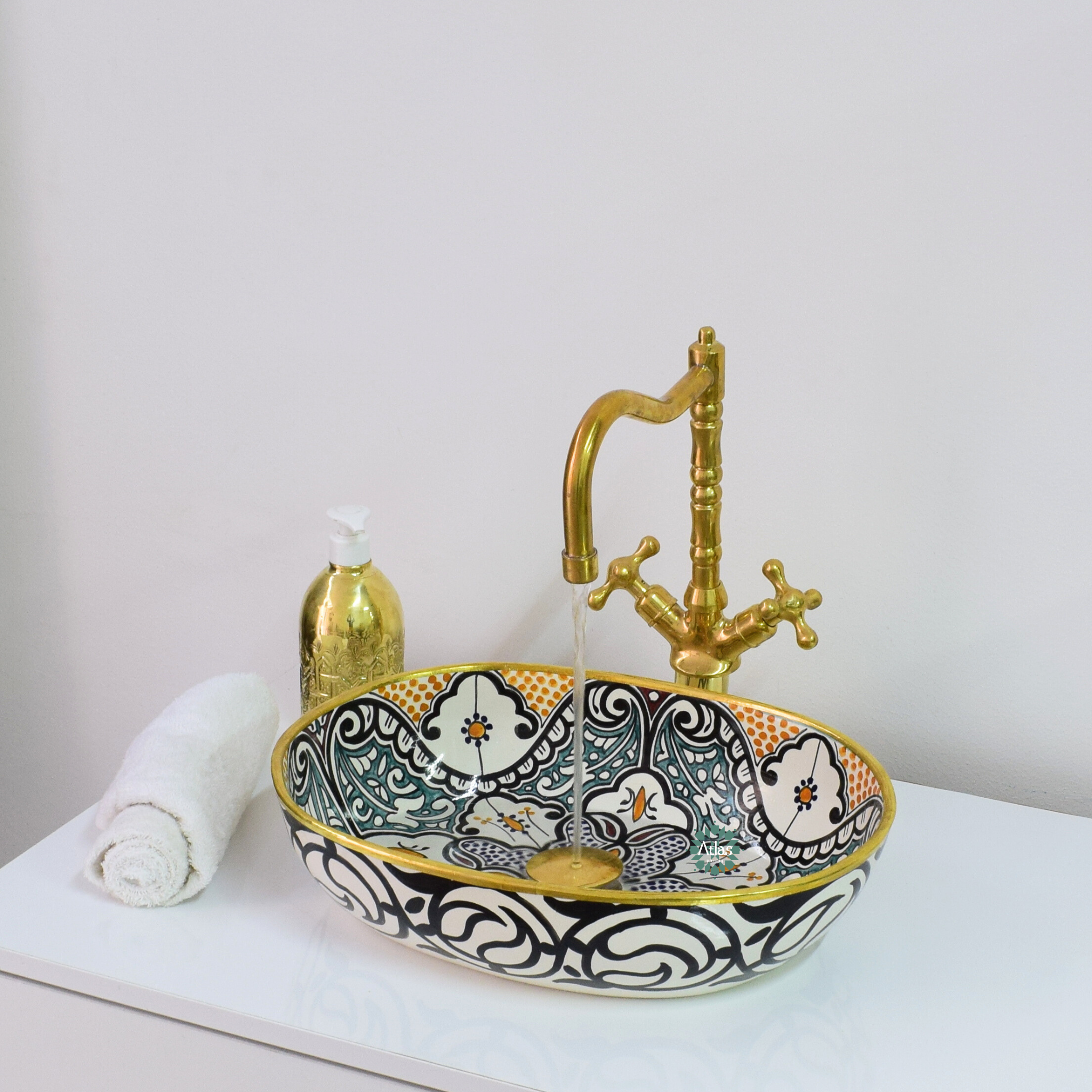 Moroccan Handmade oval Ceramic Sink with brass rim