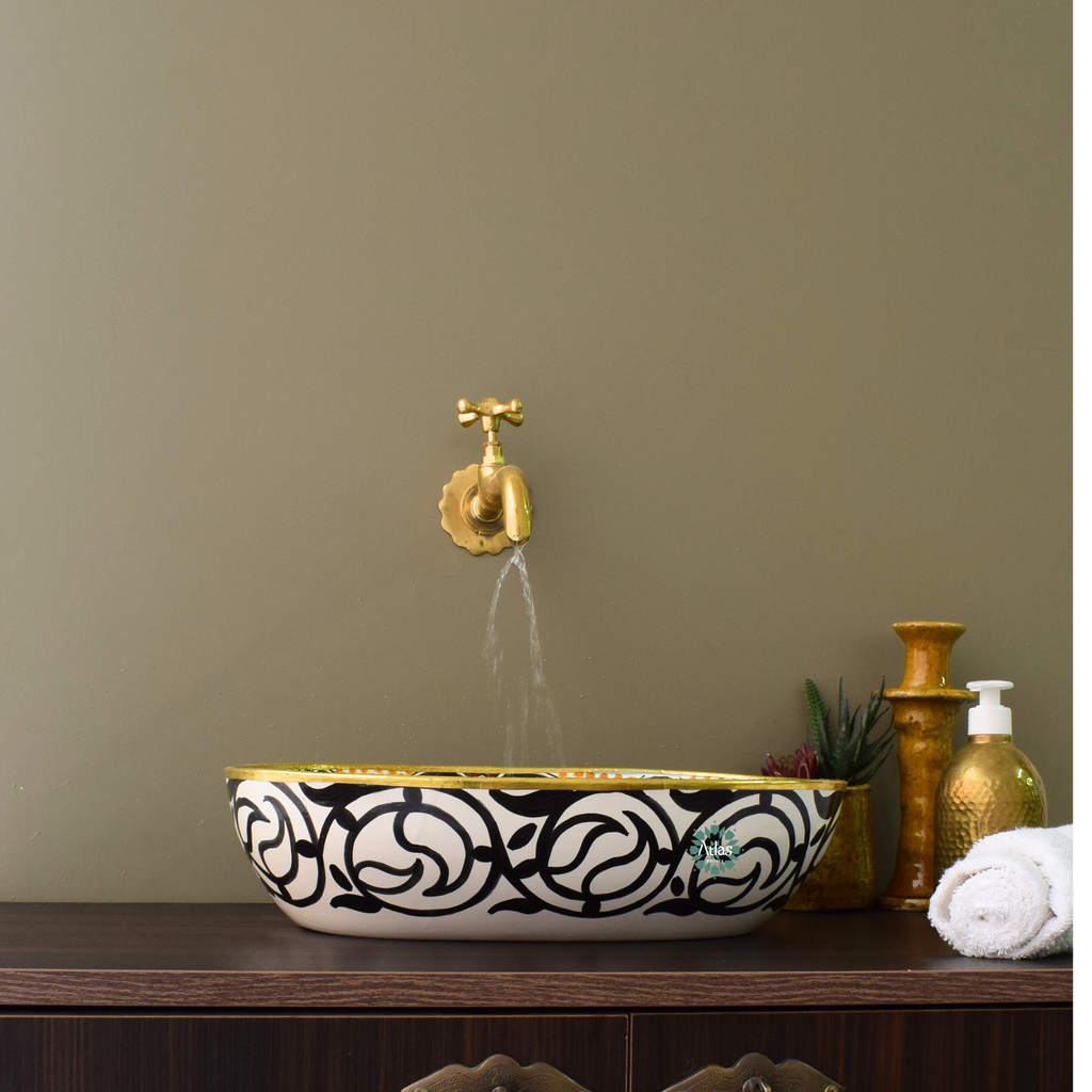 Moroccan Handmade oval Ceramic Sink with brass rim