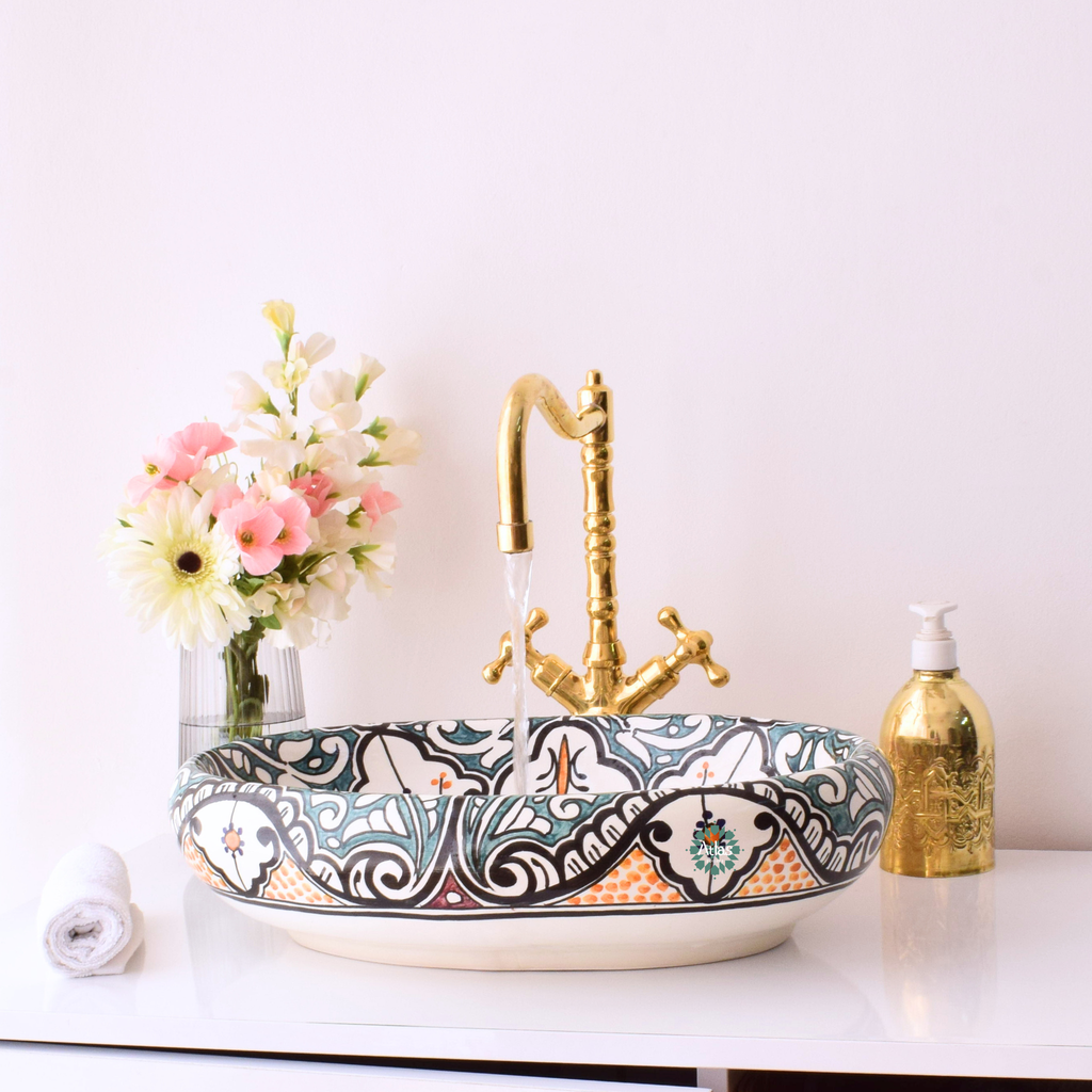 Oval & curved ceramic washbasin handmade with love in Morocco