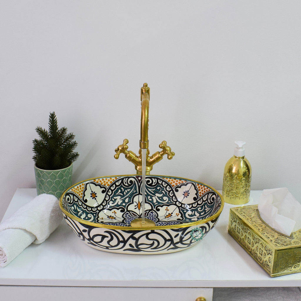 Moroccan Handmade oval Ceramic Sink with brass rim