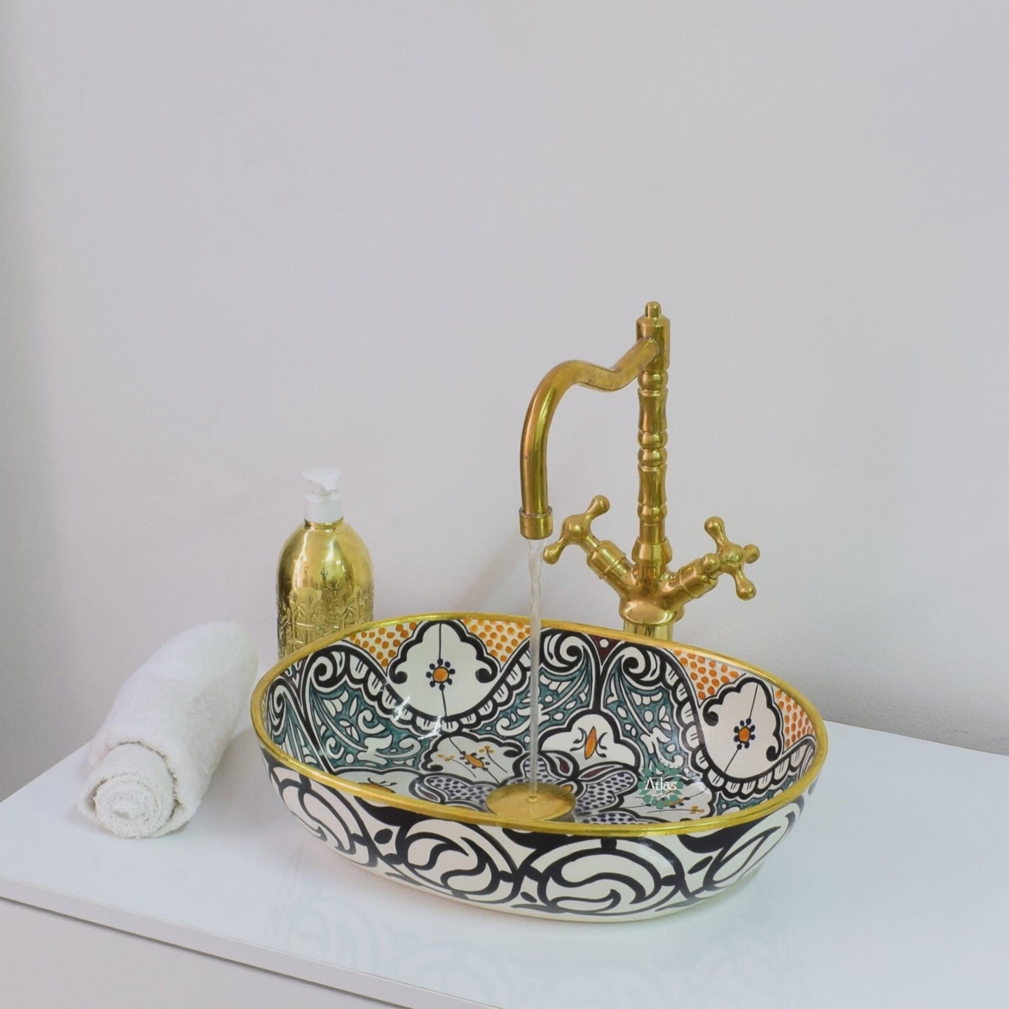 Moroccan Handmade oval Ceramic Sink with brass rim
